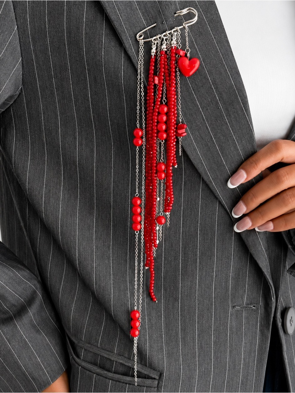 Red Heart Tassel Statement Brooch